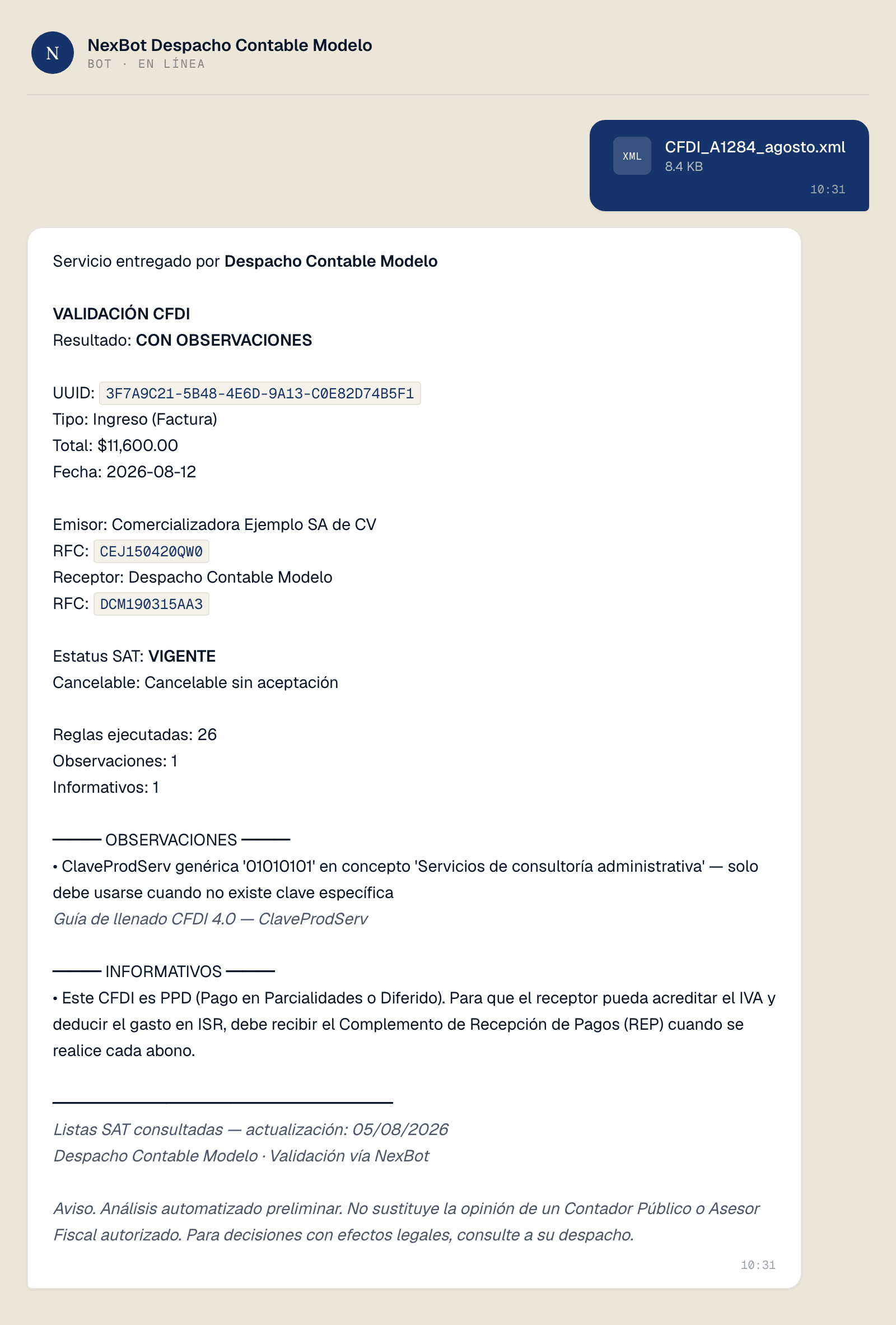 Dictamen de validación CFDI recibido por Telegram: encabezado con el nombre del despacho, resultado con observaciones, estatus SAT vigente, 26 reglas ejecutadas y el fundamento legal citado en cada punto.